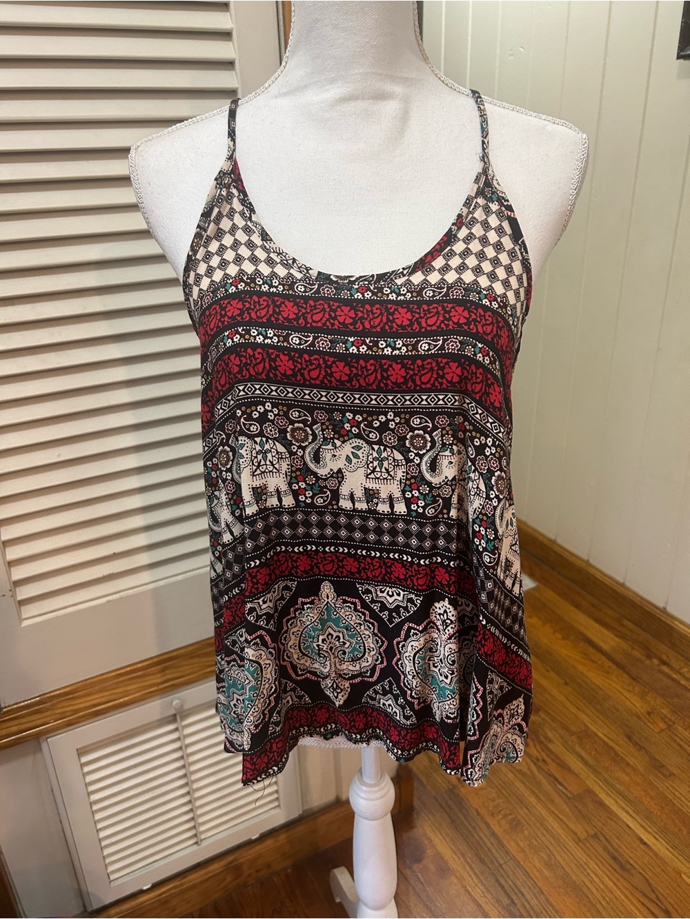 Renee C Taupe, Red, Elephant & Spade Spaghetti Strap Razor Back Flowing Tank Top